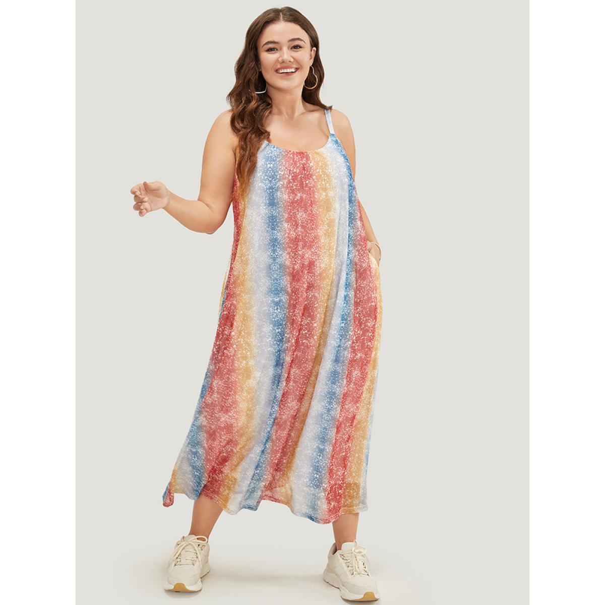 Plus Size Rainbow Striped Pocket Contrast Cami Maxi Dress Multicolor Women Casual Lined Spaghetti Strap Sleeveless Curvy Long Dress BloomChic 14-16/1X Product Image
