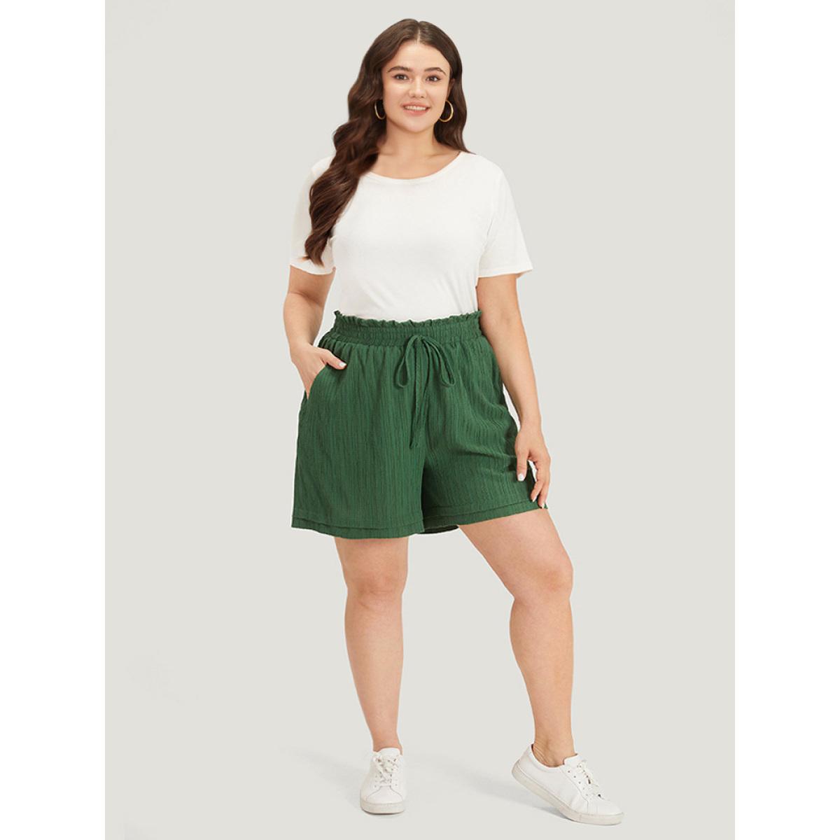 Plus Size Plisse Ties Pocket Paperbag Waist Layered Hem Shorts Women Green Casual Texture Dailywear Shorts BloomChic 22-24/3X Product Image