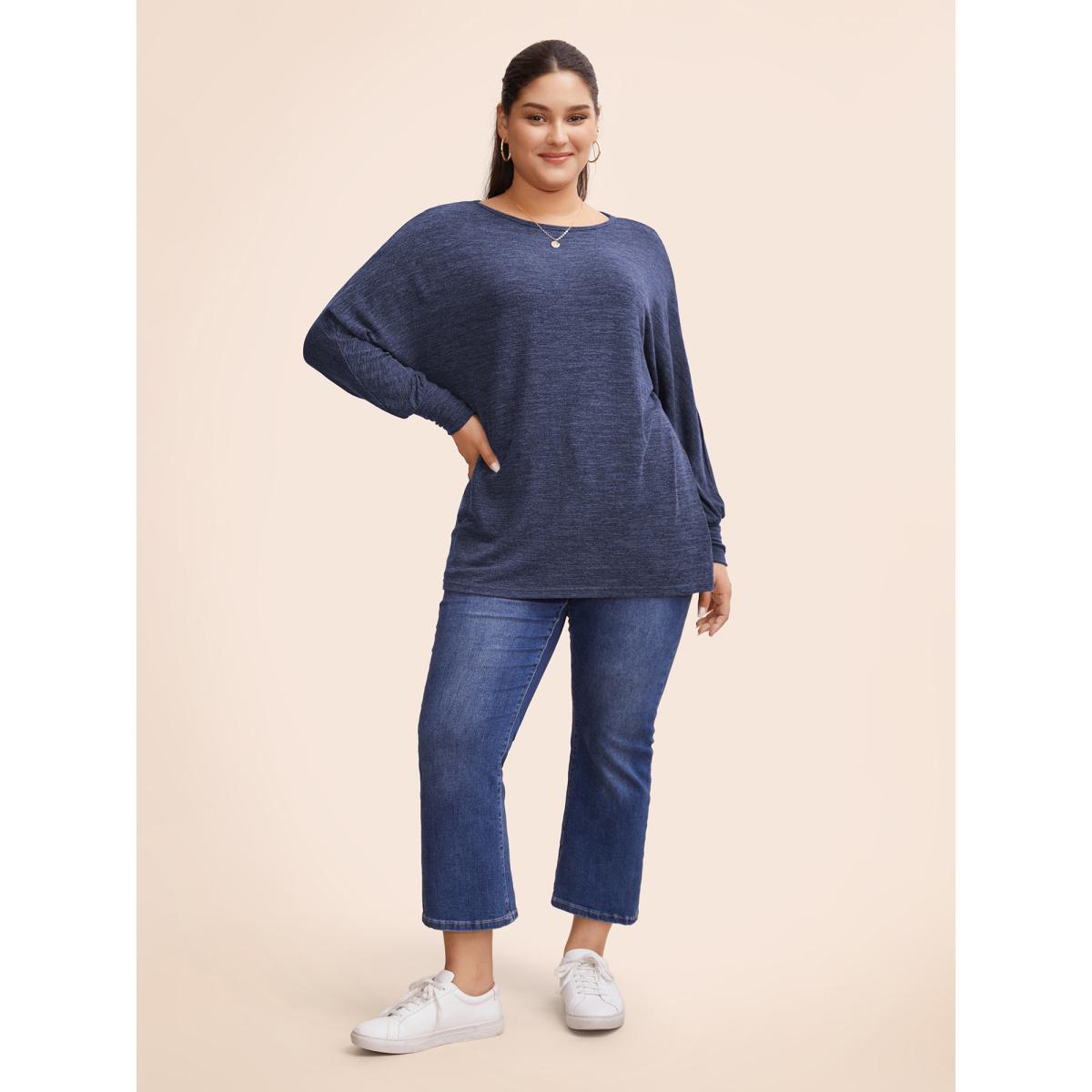 Plus Size Plain Heather Elastic cuffs Dolman Sleeve T-shirt Indigo Women Casual Elastic cuffs Plain Round Neck Everyday T-shirts BloomChic 28/5X Product Image