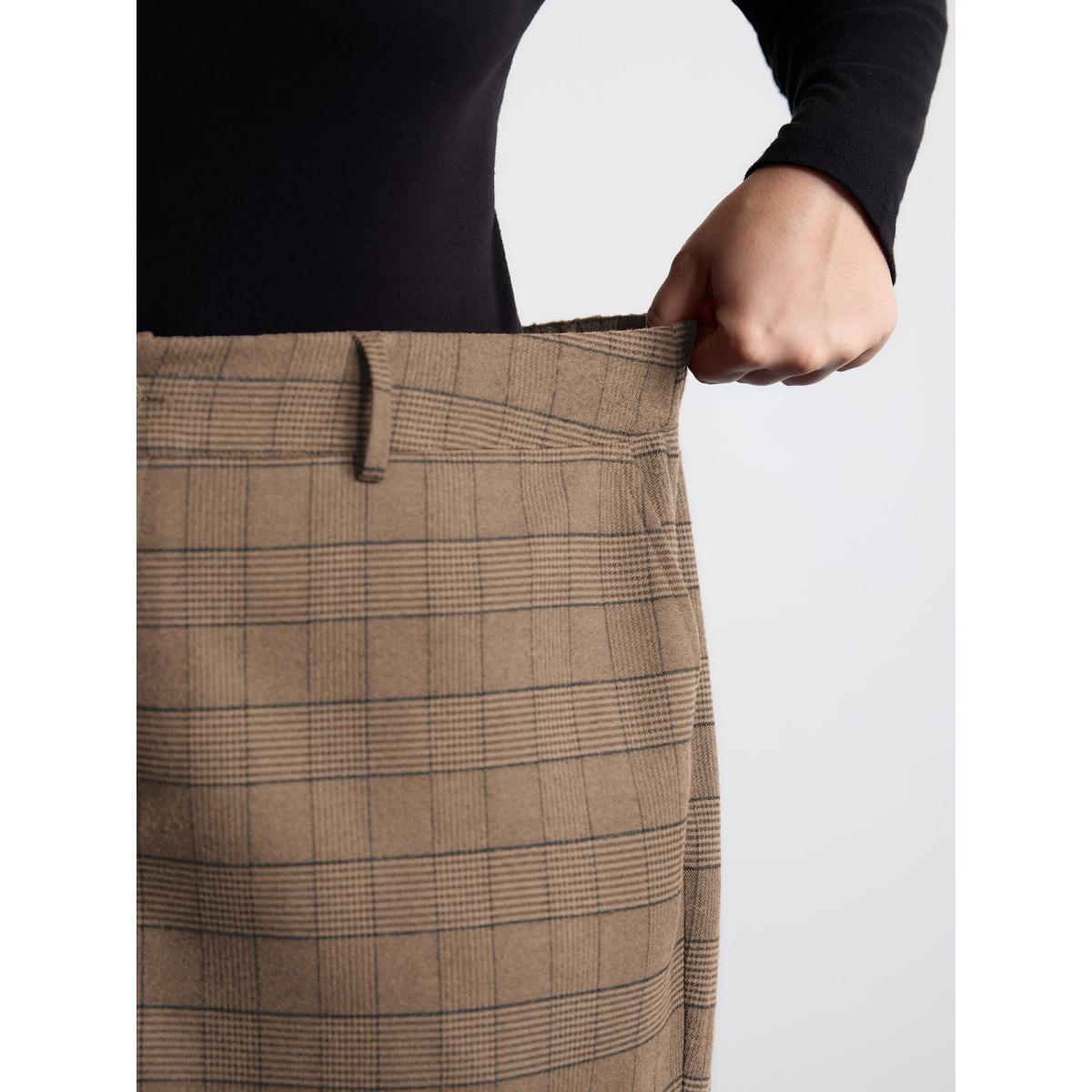 Plus Size Checkered Stretchy Waist Pants Women LightBrown Office Loose Mid Rise Office Pants BloomChic 26/4X Product Image