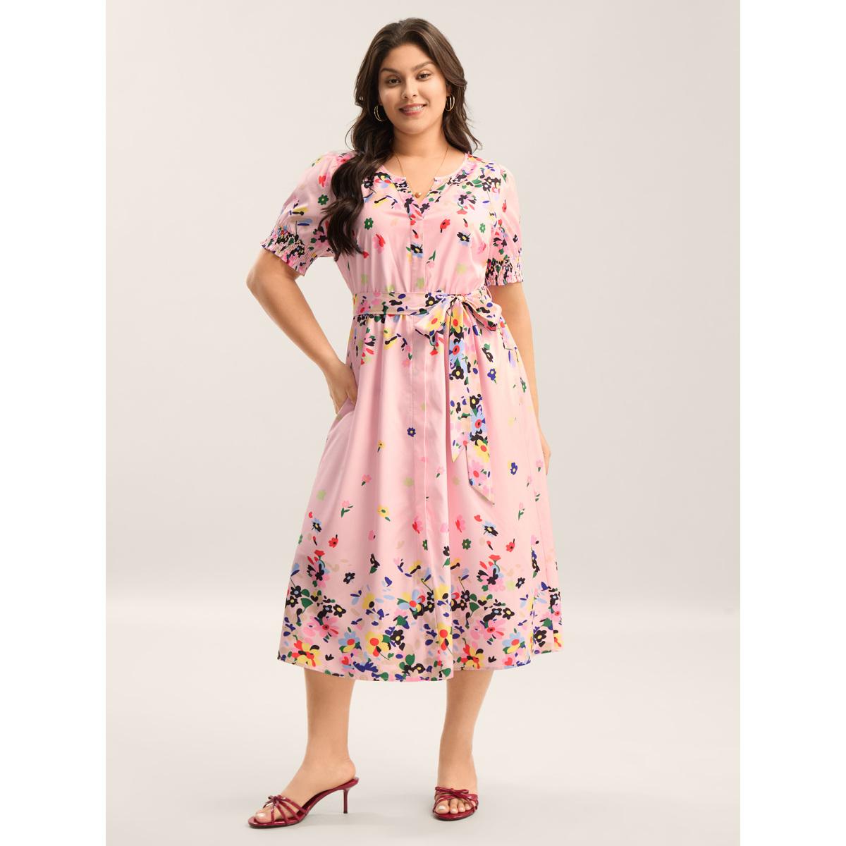 Plus Size Floral Print Elastic Cuffs Belted Midi Dress Crepe Women Flat collar with V-notch Short sleeve Curvy BloomChic 12/L Product Image
