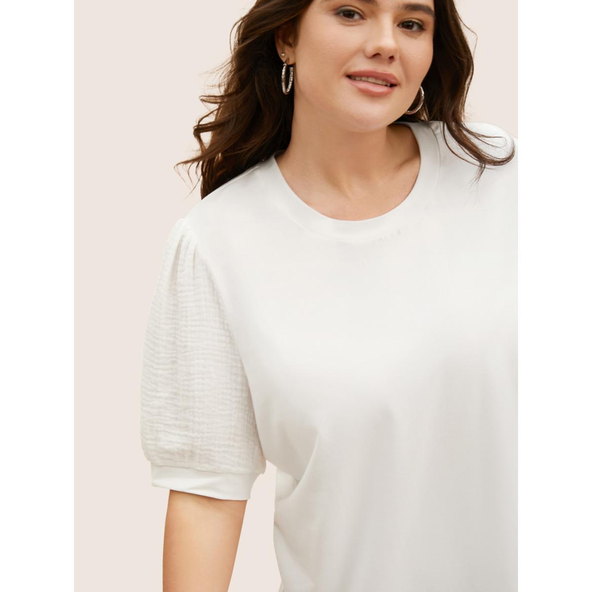 Plus Size Plain Textured Patchwork Lantern Sleeve T-Shirt WhiteSmoke Women Leisure Texture Round Neck Casual T-shirts BloomChic 14-16/1X Product Image