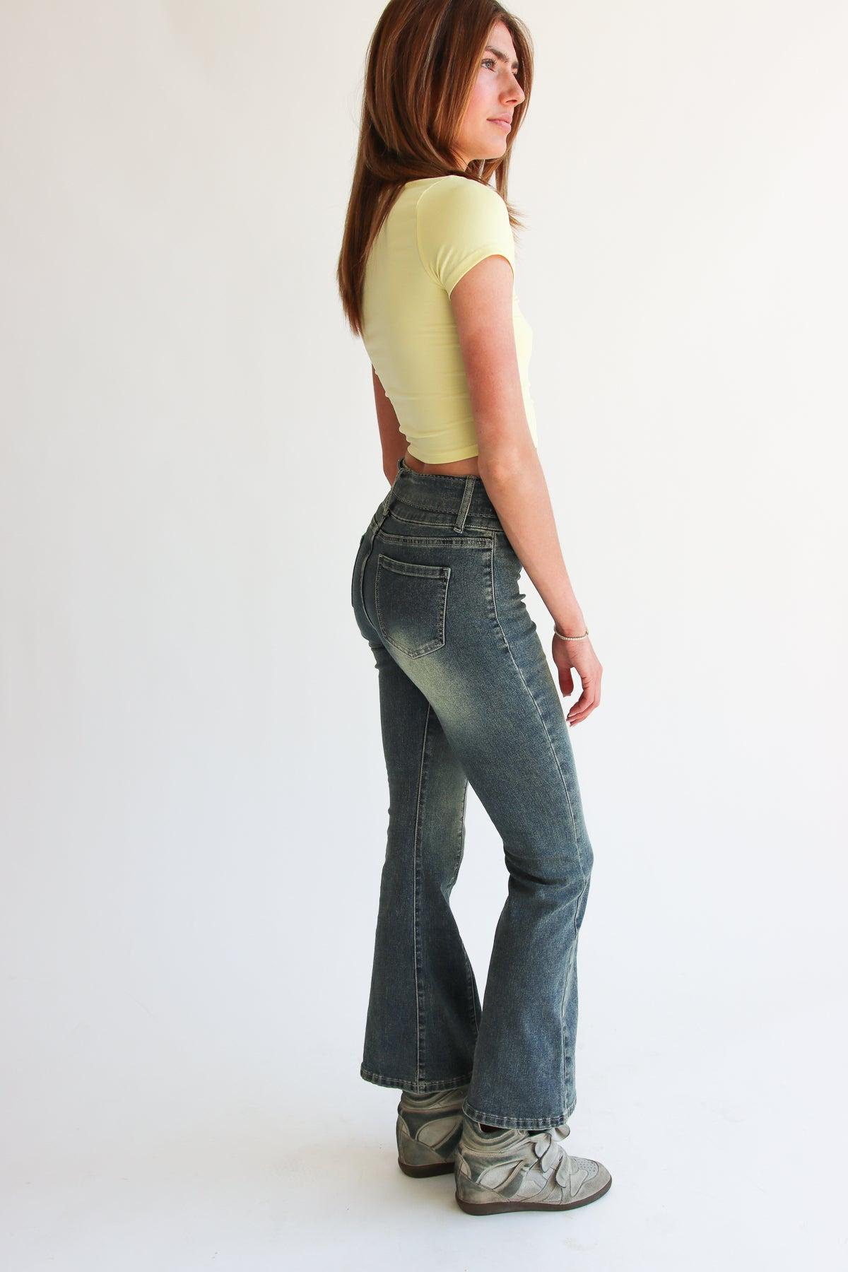Belted Flare Grunge Wash Jeans Product Image