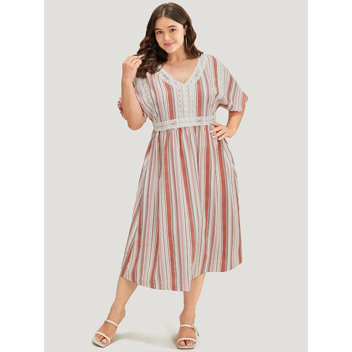 Plus Size Striped Contrast Pocket Lace Batwing Sleeve Midi Dress Crepe Women Vacation Patchwork V-neck Short sleeve Curvy Midi Dress BloomChic 22-24/3X Product Image