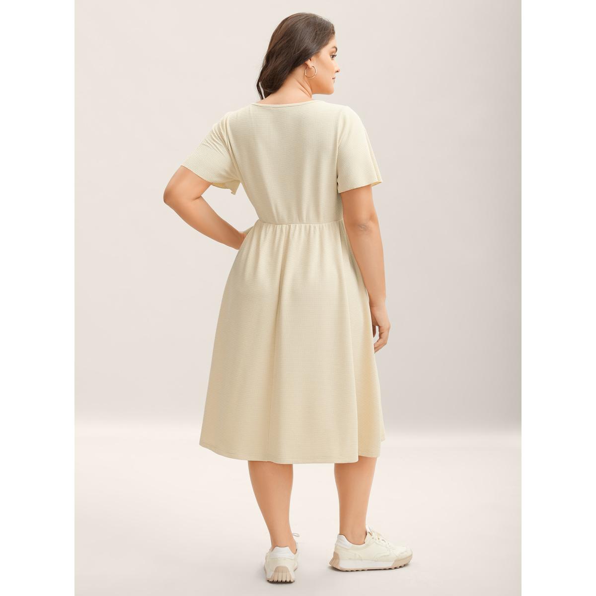 Plus Size Waffle Button Detail Round Neck Midi Dress Apricot Women Elegant Texture Square Neck Short sleeve Curvy BloomChic 14-16/1X Product Image