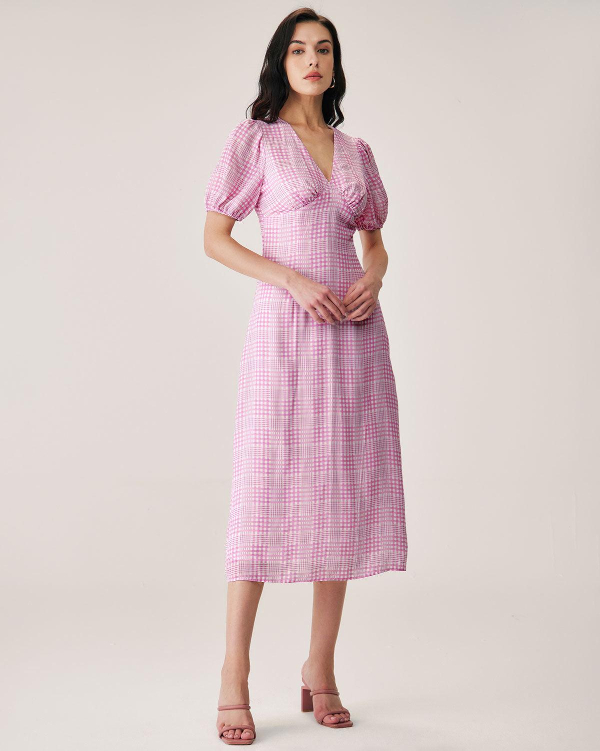 Pink Plaid V-Neck Midi Dress Product Image