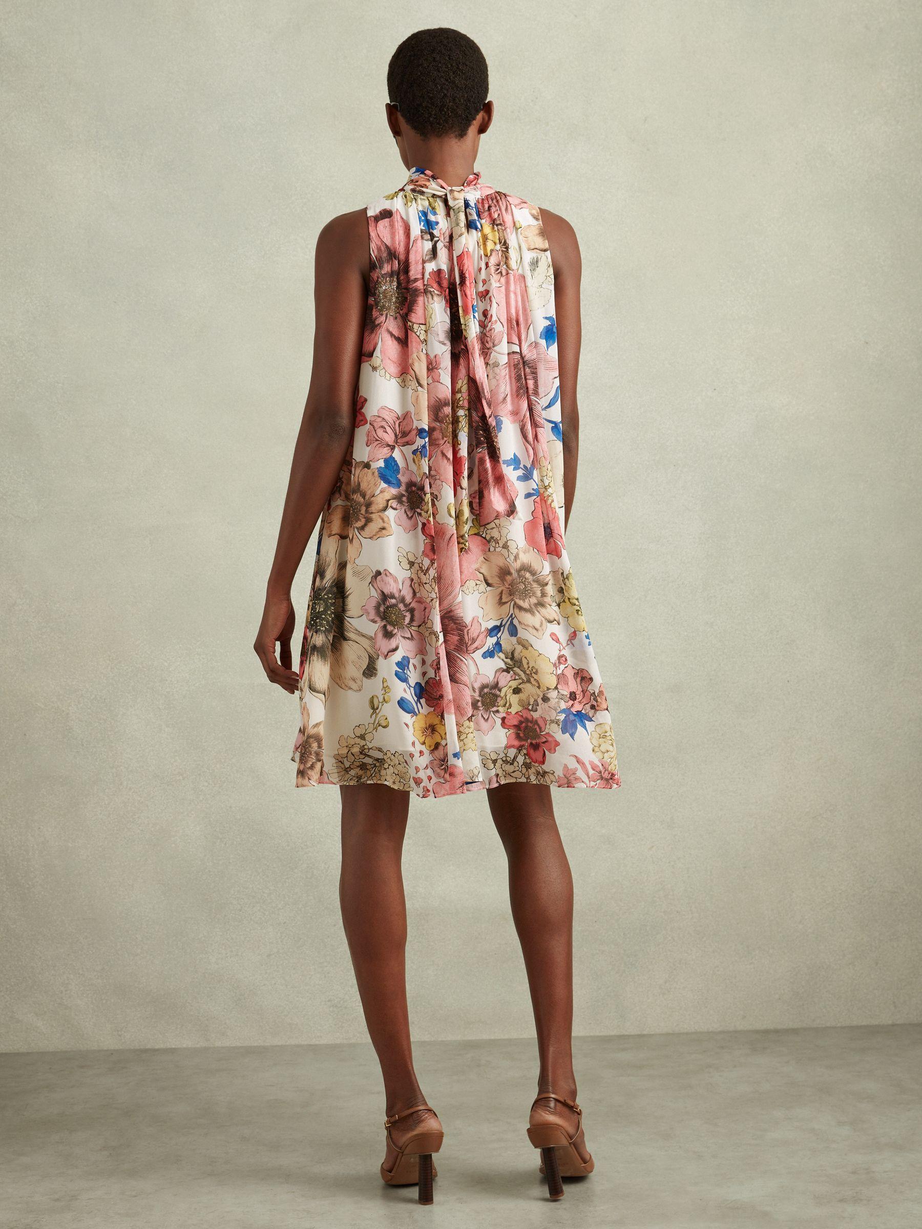 Floral Pleated Tie Neck Mini Dress in Cream/Pink Product Image