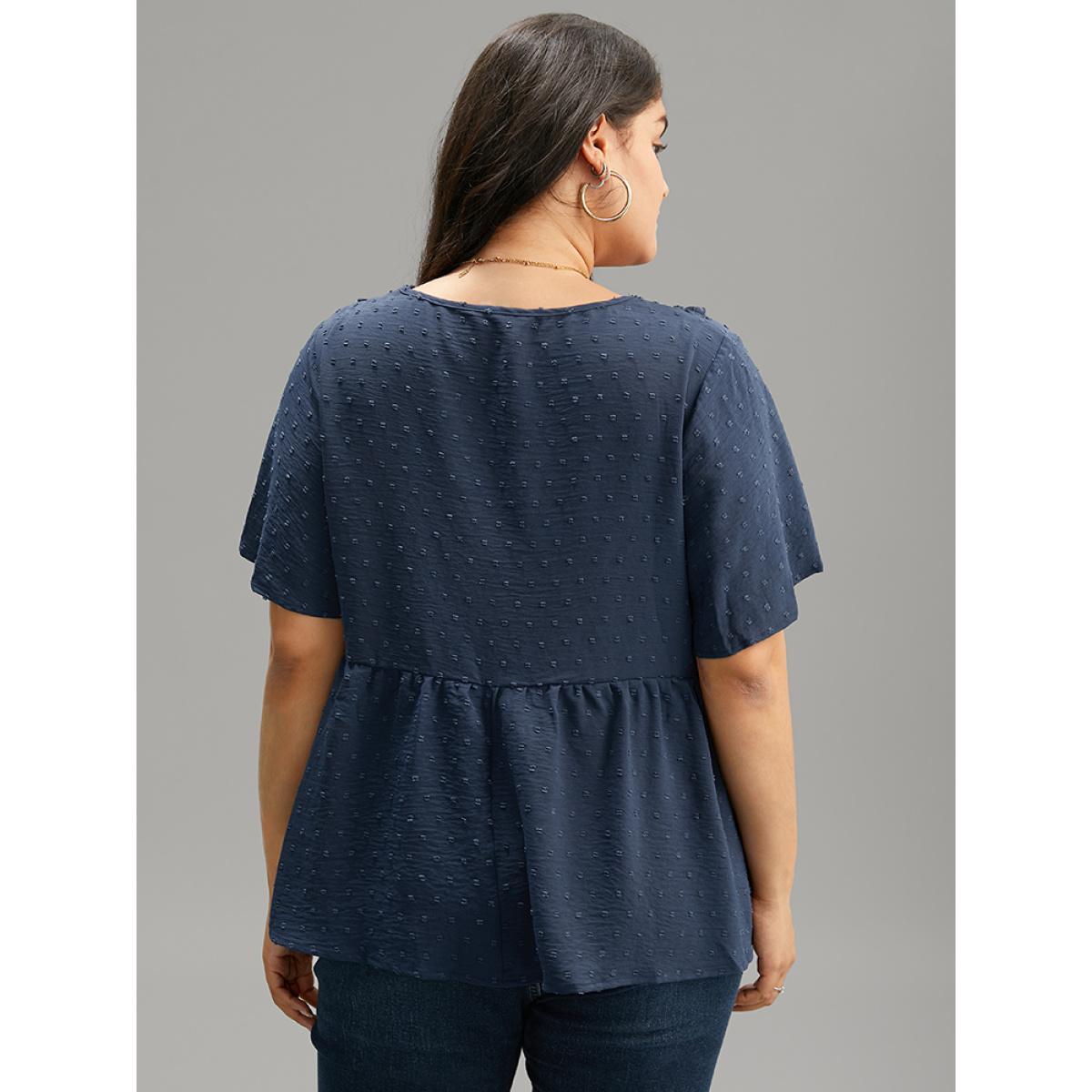 Plus Size Indigo Plain Texture V Neck Lace Patchwork Frill Trim Blouse Women Elegant Short sleeve V-neck Dailywear Blouses BloomChic 30/6X Product Image