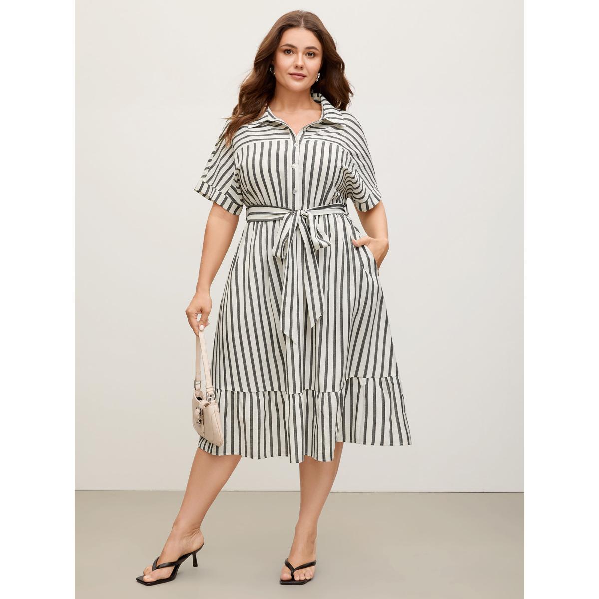 Plus Size Striped Belted Cinched Button Placket Midi Dress Black Women Belted Shirt collar Short sleeve Curvy BloomChic 26/4X Product Image