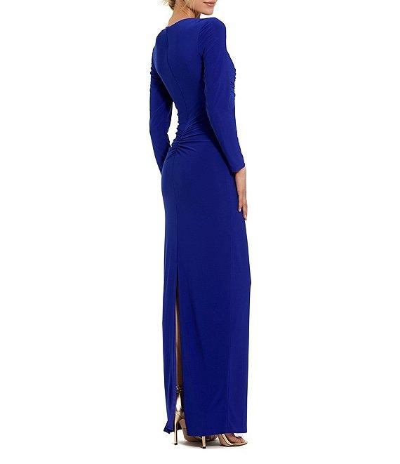 Mac Duggal Jersey Knit V-Neck Long Sleeve Front Twist Knot Sheath Dress Product Image