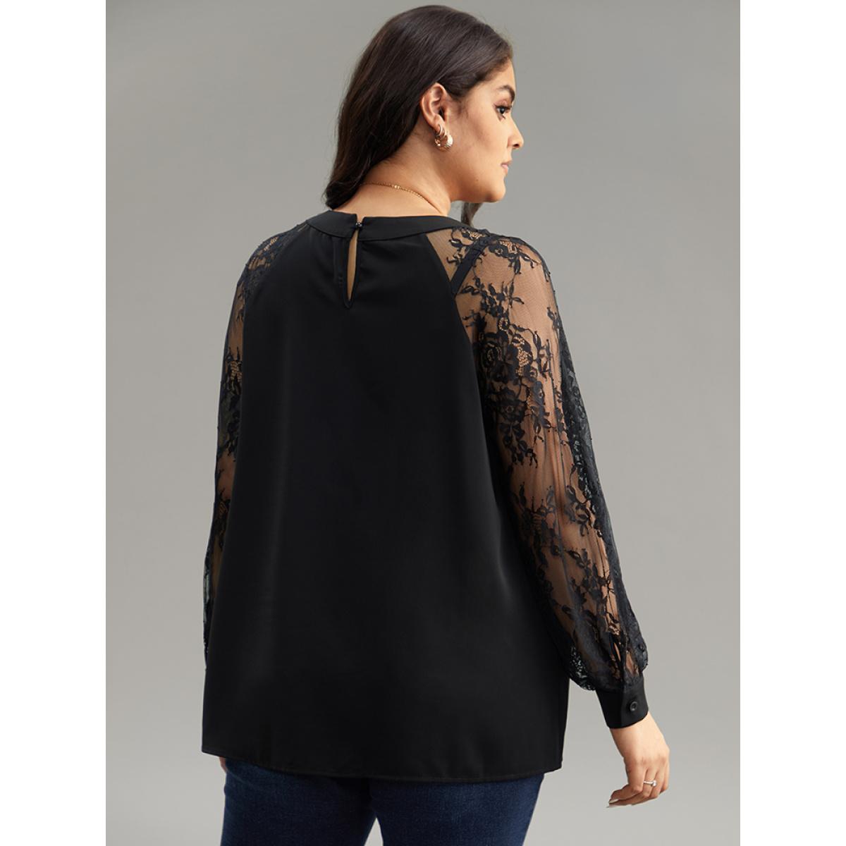Plus Size Black Anti-Wrinkle Crochet Lace Mesh Keyhole Blouse Women Office Long Sleeve Keyhole Cut-Out Work Blouses BloomChic 28/5X Product Image