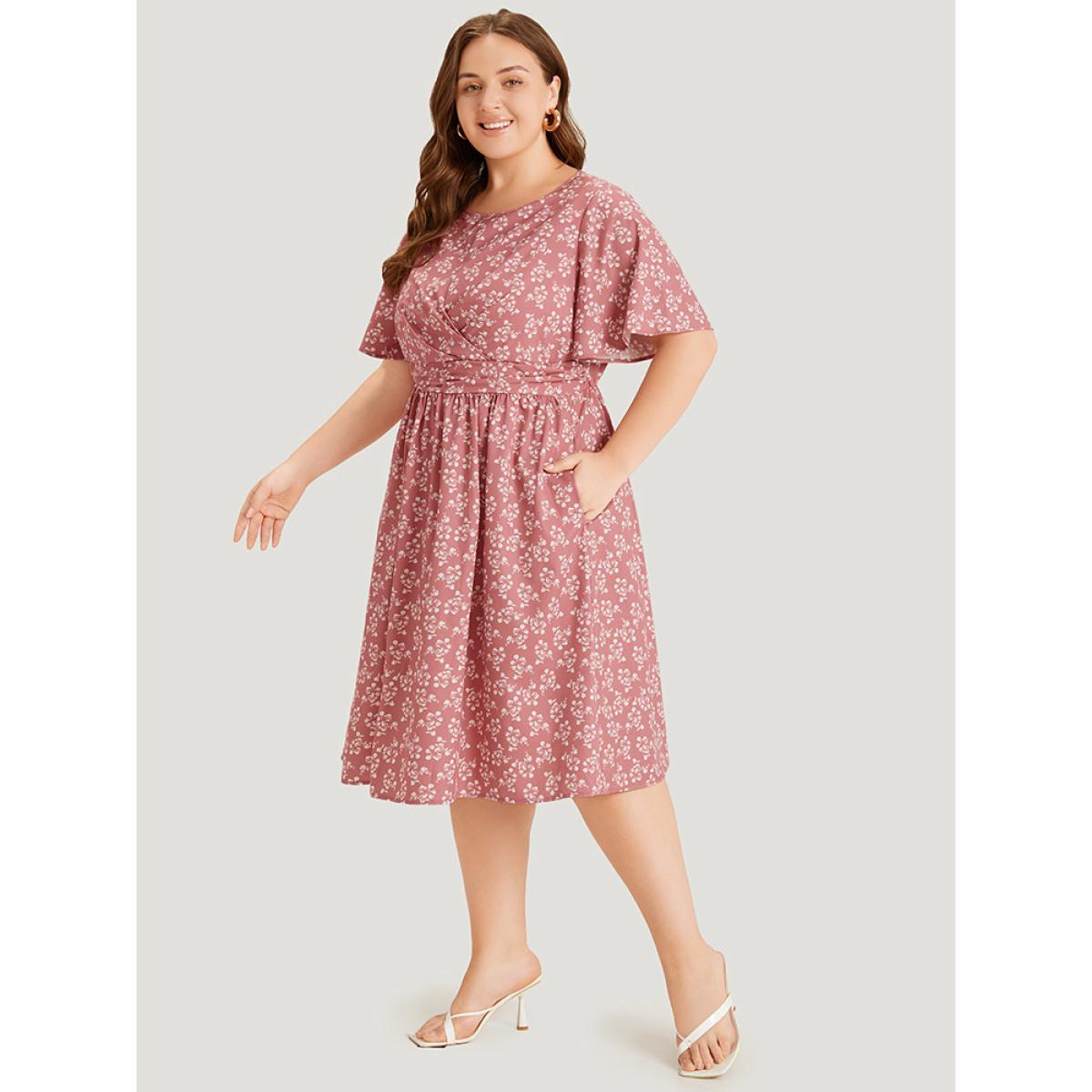 Plus Size Ditsy Floral Pocket Crossover Elastic Waist Dress DustyPink Women Elegant Printed Round Neck Short sleeve Curvy Midi Dress BloomChic 10/M Product Image
