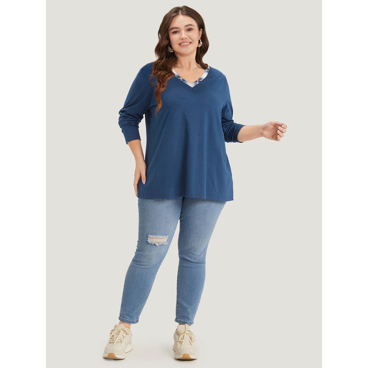 Plus Size Plaid Patchwork V Neck Split Side T-shirt Indigo Women Casual Patchwork Gingham V-neck Dailywear T-shirts BloomChic 26/4X Product Image