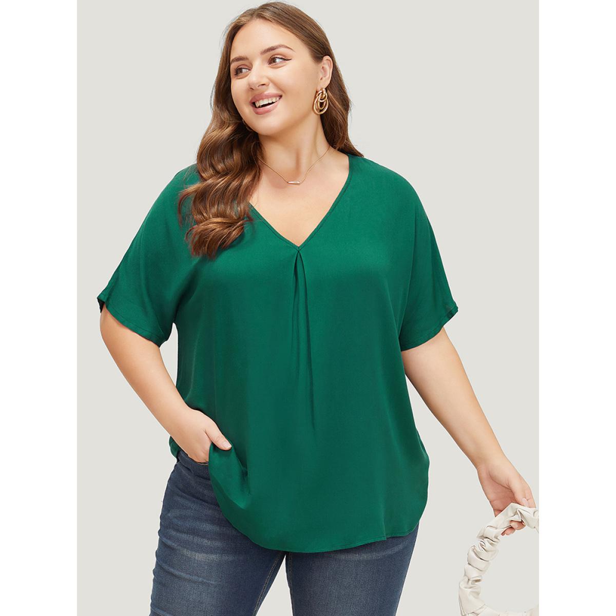Plus Size ArmyGreen Plain Plicated Detail Batwing Sleeve Curved Hem Blouse Women Office Short sleeve V-neck Office Blouses BloomChic 10/M Product Image