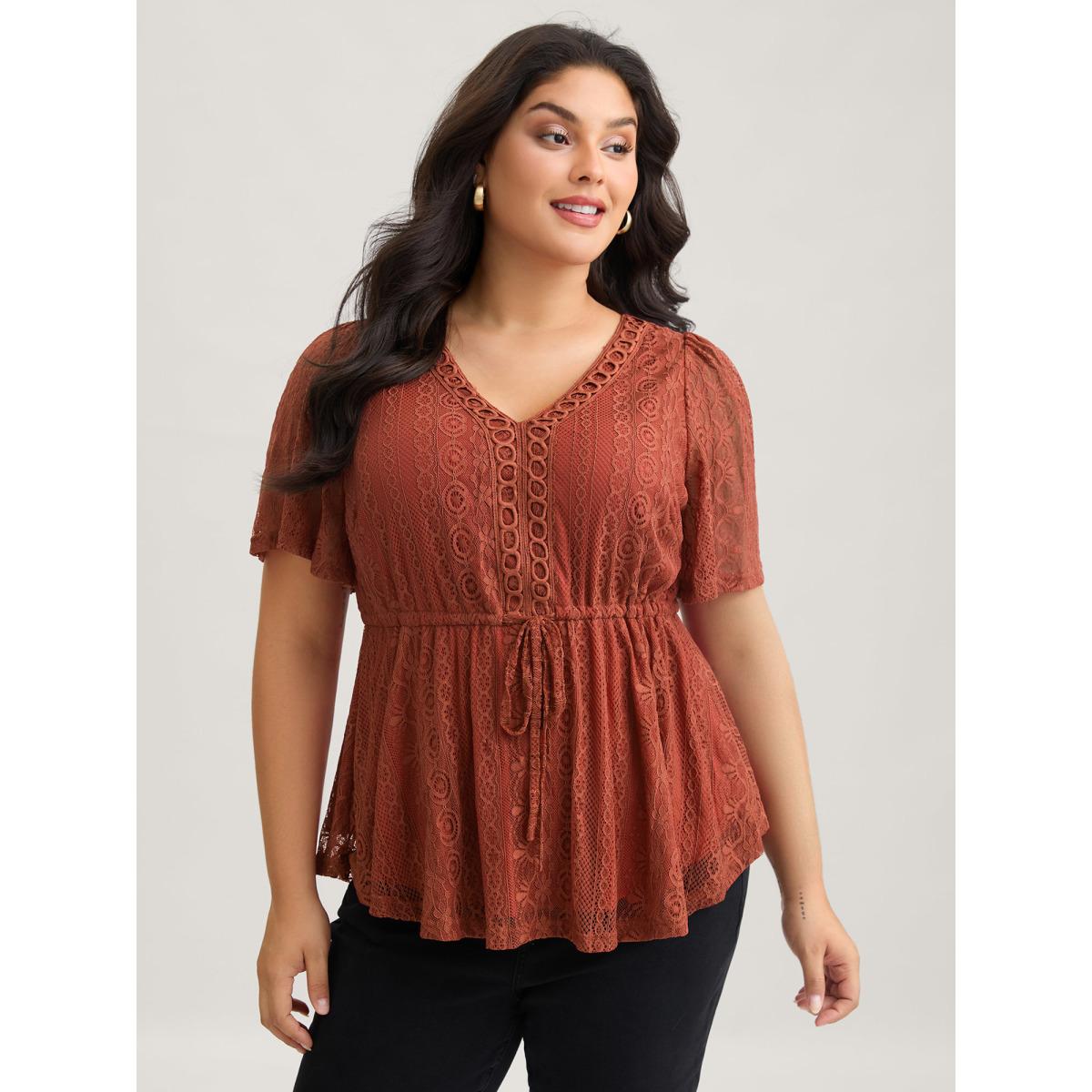 Plus Size Russet V Neck Lace Panel Drawstring Blouse Women Romantic Short sleeve V-neck Elegant Blouses BloomChic 22-24/3X Product Image