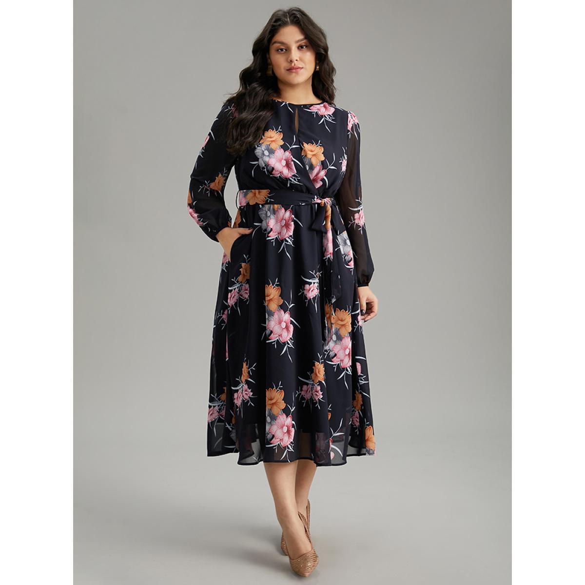 Plus Size Chiffon Floral Print Keyhole Belted Pocket Dress DarkBlue Women Elegant Elastic cuffs Keyhole Cut-Out Long Sleeve Curvy Midi Dress BloomChic 14-16/1X Product Image