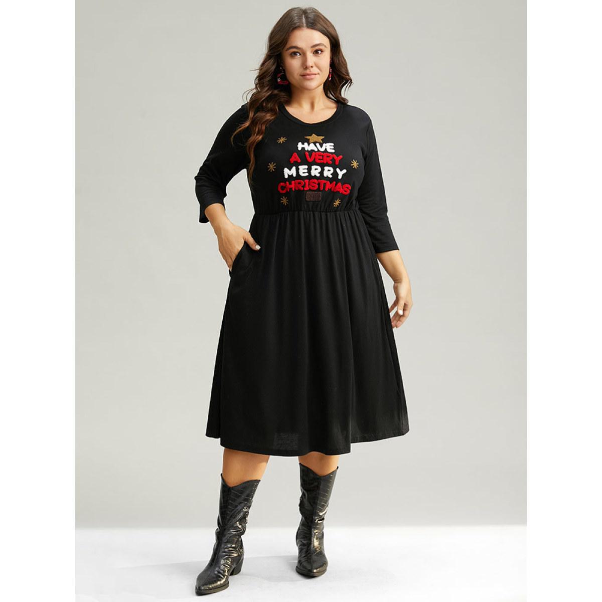 Plus Size Christmas Embroidered Star Elastic Waist Dress Black Women Casual Embroidered Round Neck Elbow-length sleeve Curvy Midi Dress BloomChic 30/6X Product Image