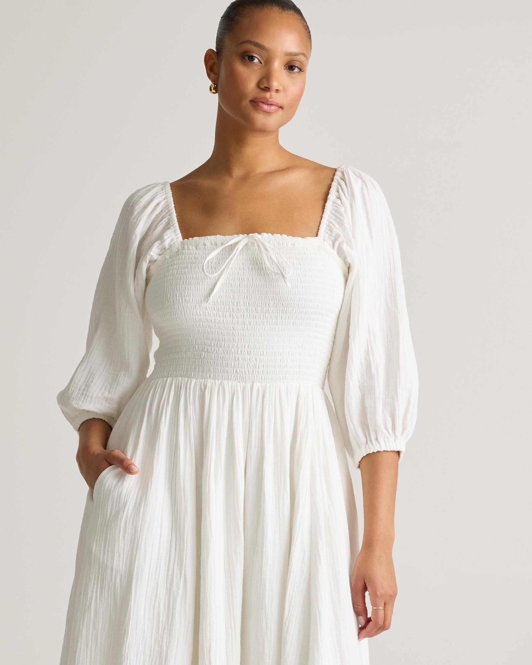 Quince | Women's Gauze Smocked Square Neck Midi Dress Organic Cotton Product Image