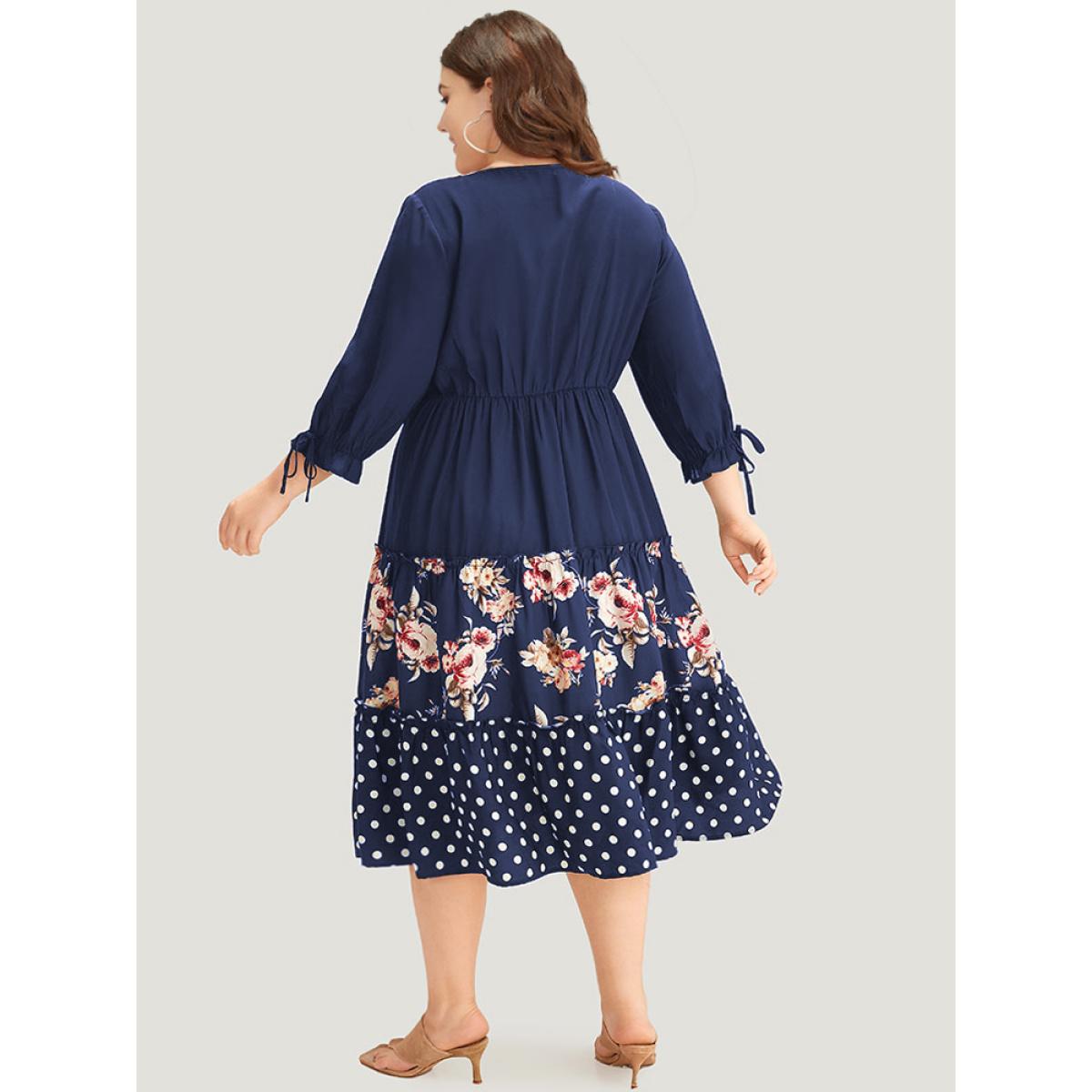 Plus Size Polka Dot Patchwork Floral Knot Pocket Lantern Sleeve Dress Indigo Women Casual Elastic cuffs V-neck Elbow-length sleeve Curvy Midi Dress BloomChic 28/5X Product Image