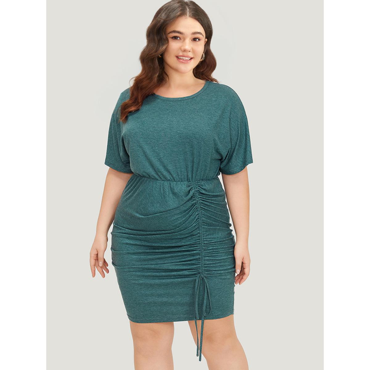 Plus Size Solid Ruched Drawstring Hem Bodycon Dress Cyan Women Elegant Ruched Round Neck Short sleeve Curvy Short Dress BloomChic 12/L Product Image