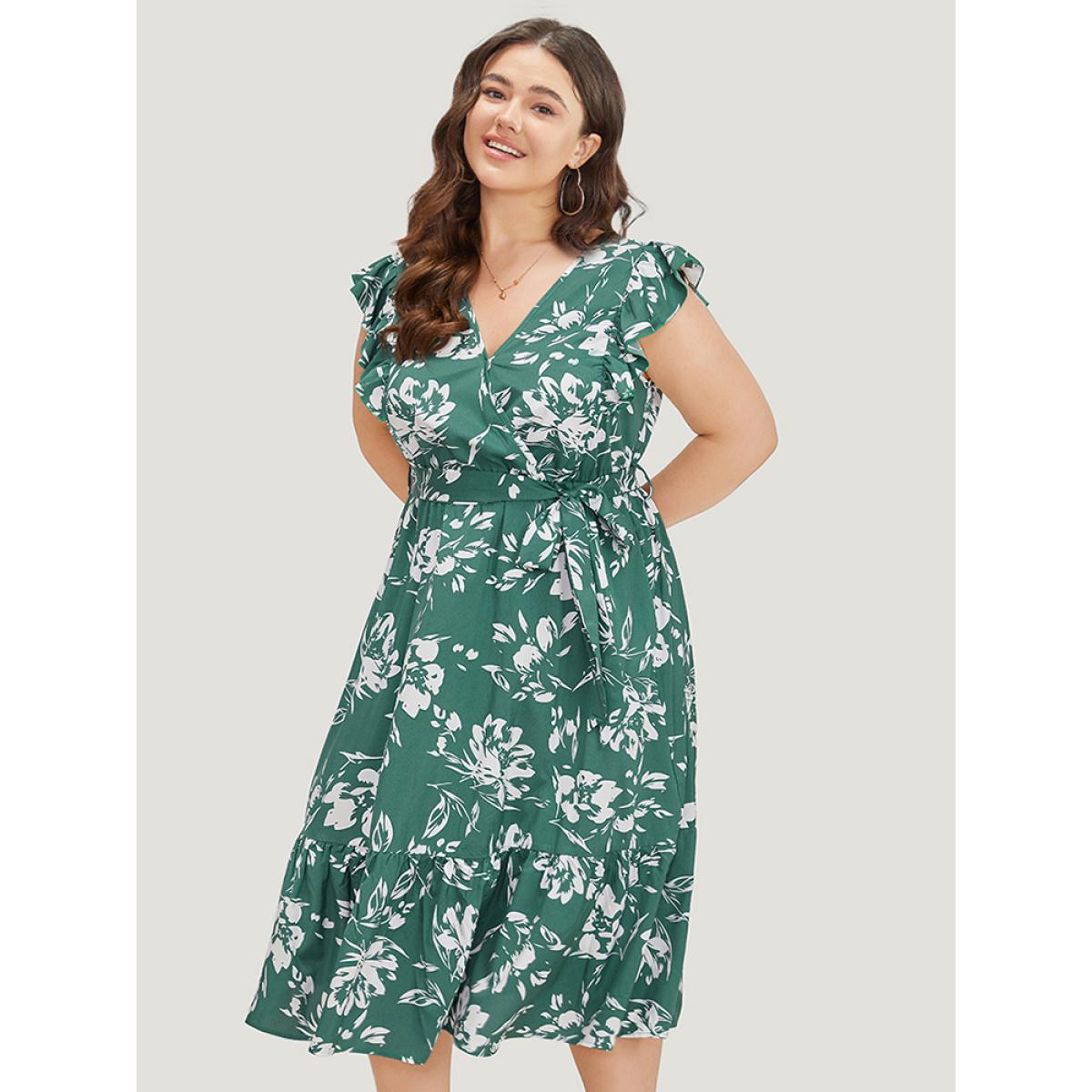 Plus Size Floral Print Belted Ruffle Cap Sleeve Pocket Dress Green Women Elegant Wrap V-neck Cap Sleeve Curvy Midi Dress BloomChic 22-24/3X Product Image