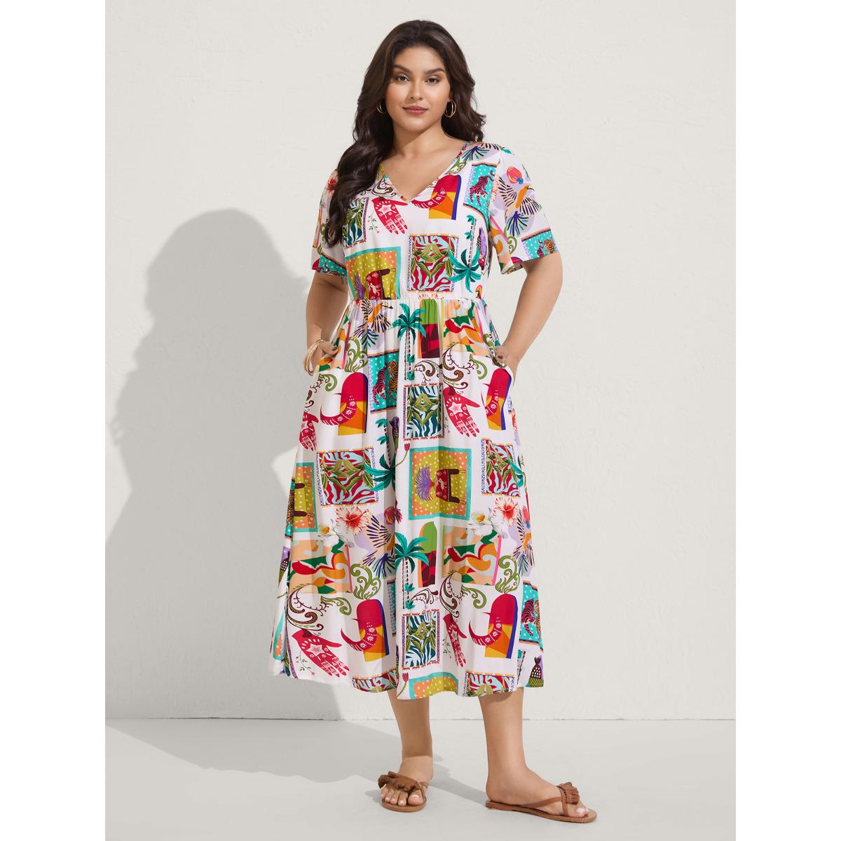 Plus Size Tropical Collage Print Pockets Midi Dress Multicolor Women V-neck Short sleeve Curvy BloomChic 12/L Product Image