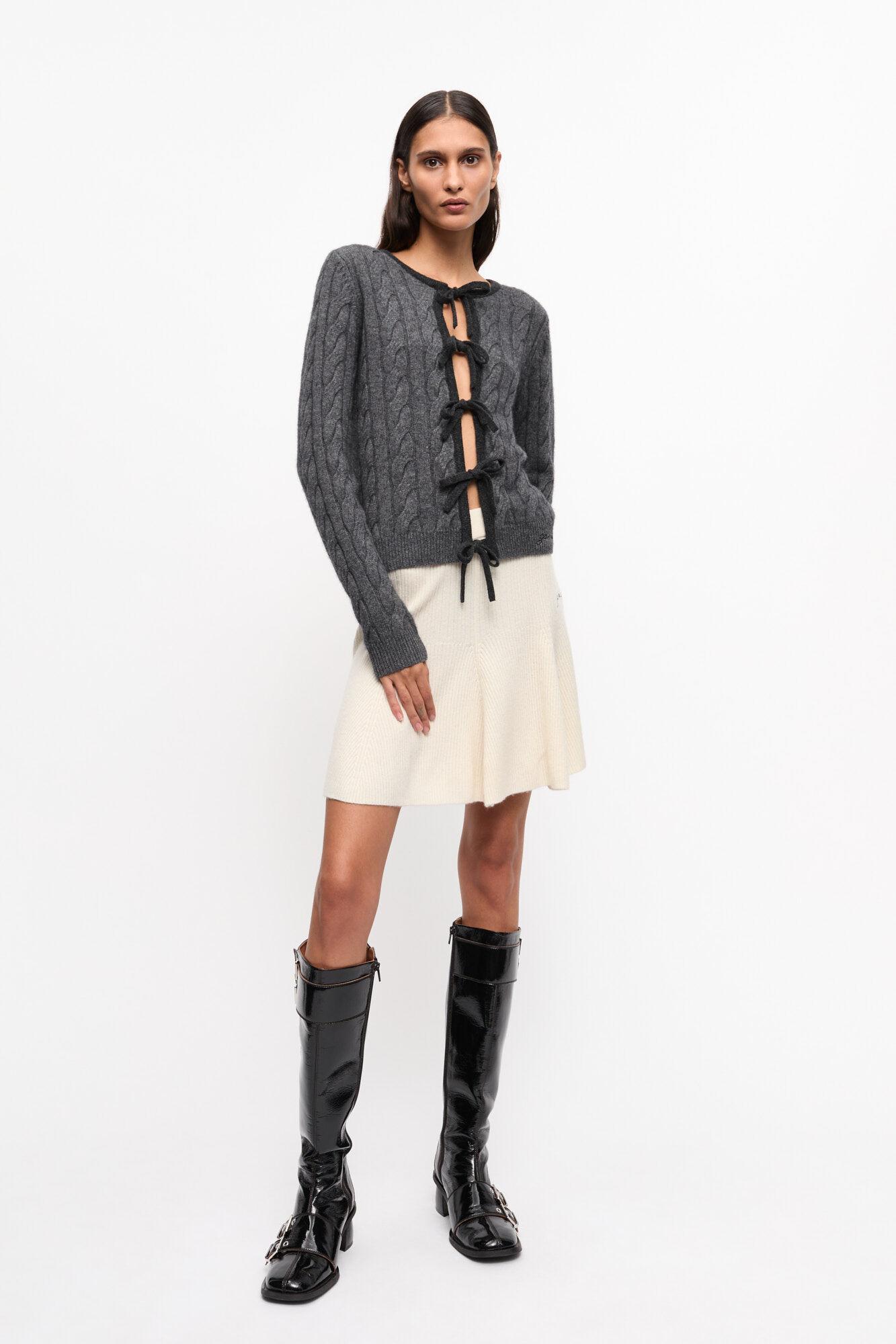 Grey and Black Cashmere Mix Tie String Cardigan Product Image