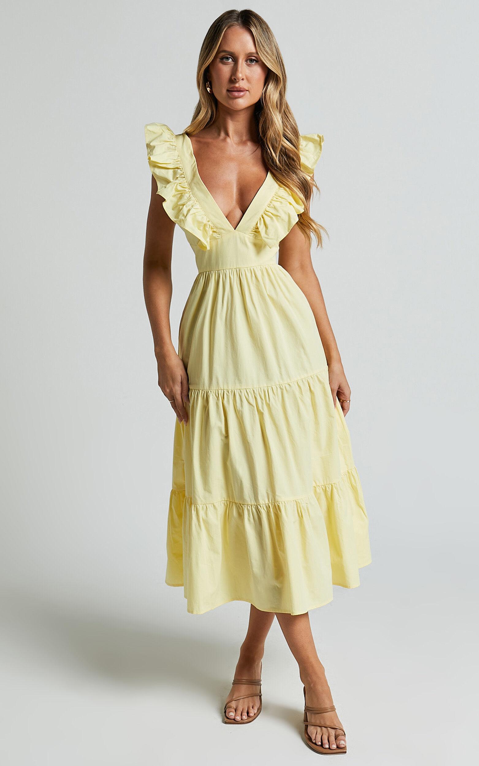 Levona Midi Dress - Ruffle Shoulder Tiered Dress in Lemon Product Image