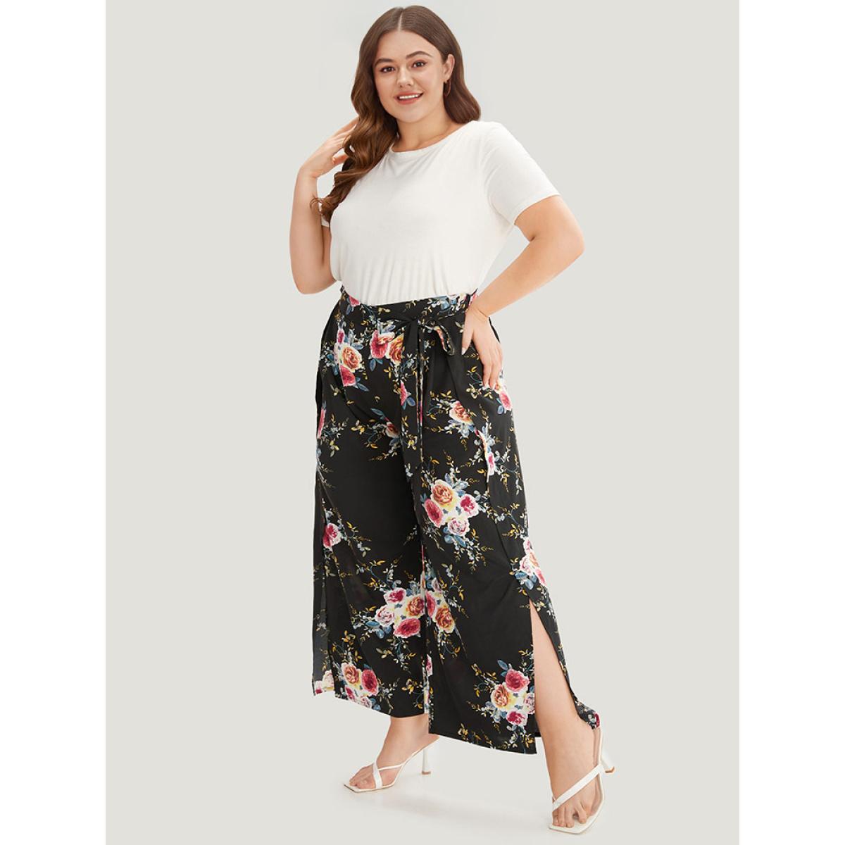 Plus Size Floral Print Belted Split Side Pleated Pants Women BlackFlower Elegant Straight Leg High Rise Dailywear Pants BloomChic 10/M Product Image