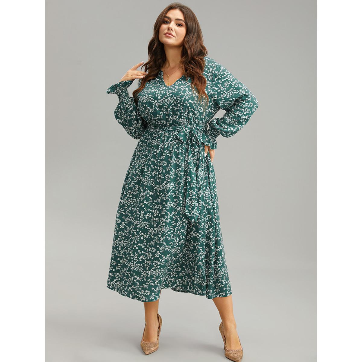 Plus Size Ditsy Floral Shirred Belted Notched Dress DarkGreen Women Elegant Belted Notched collar Long Sleeve Curvy Midi Dress BloomChic 26/4X Product Image