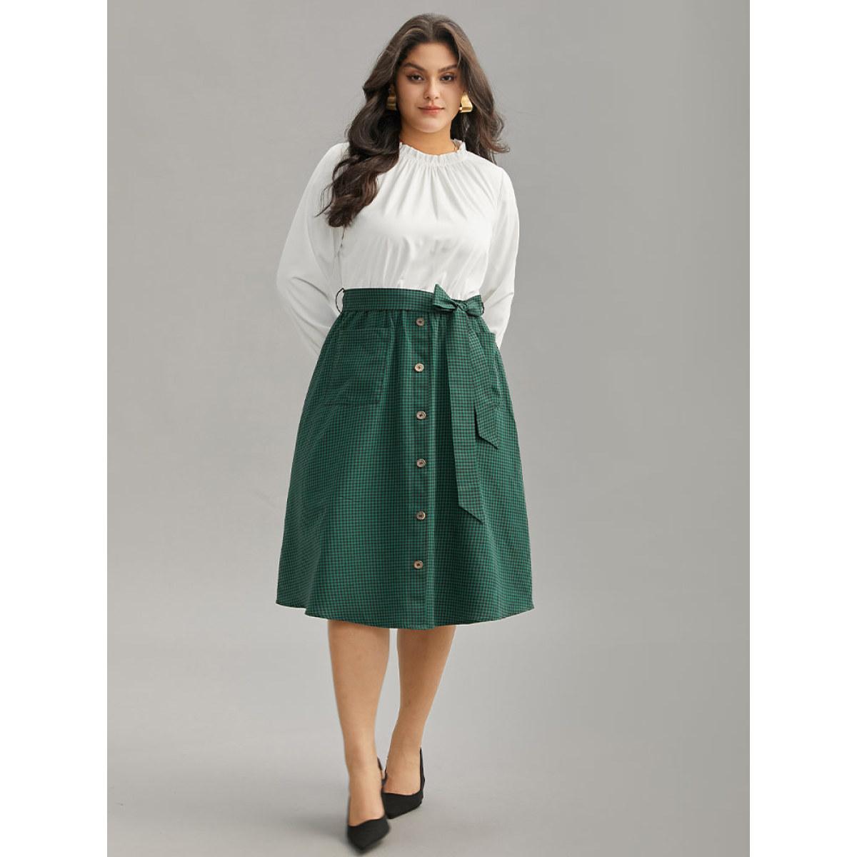 Plus Size Gingham Belted Frill Trim Button Detail Dress DarkGreen Women Elegant Printed Mock Neck Long Sleeve Curvy Midi Dress BloomChic 28/5X Product Image