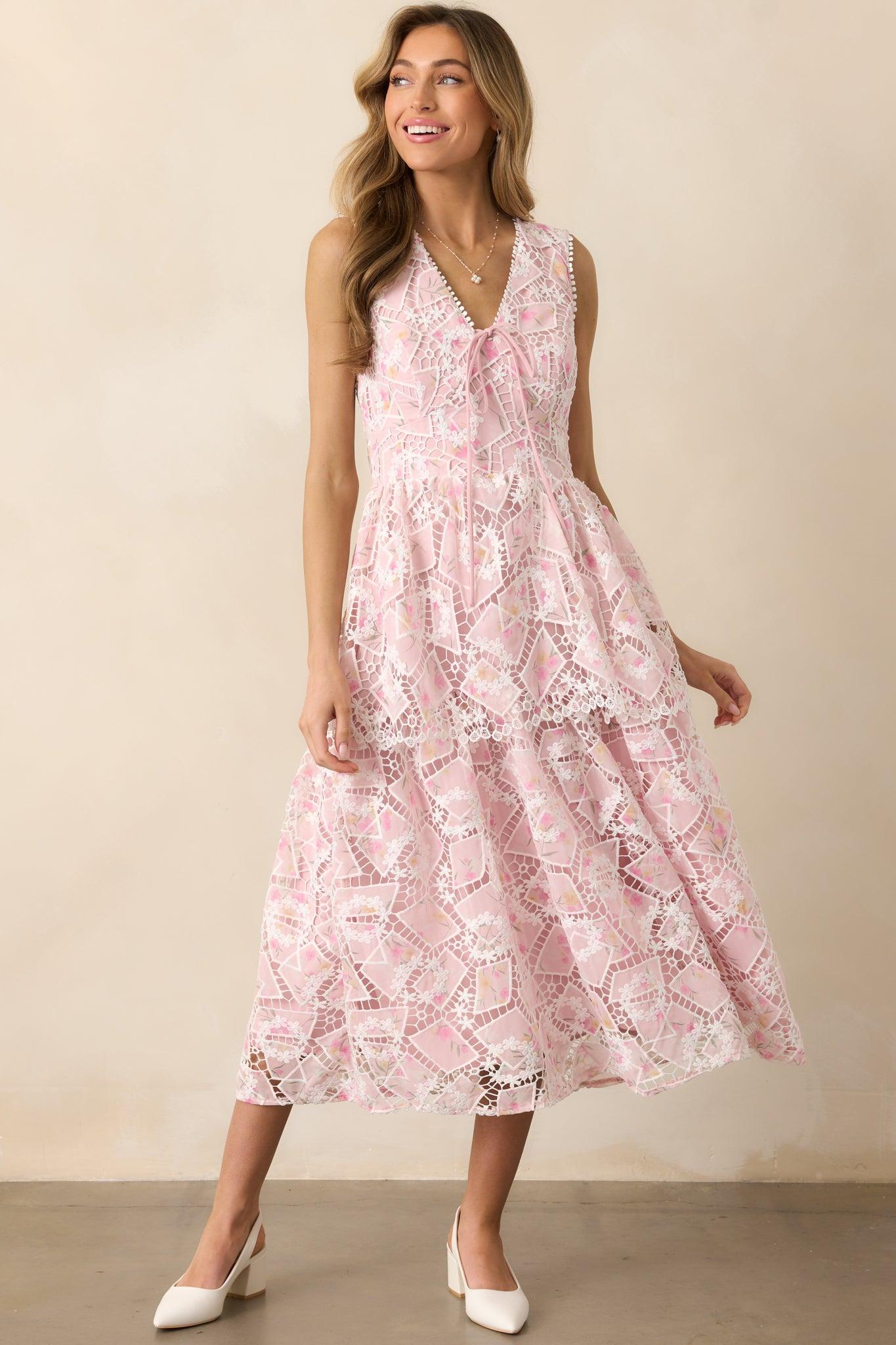 Something Nice Light Pink Floral Embroidered Midi Dress Product Image