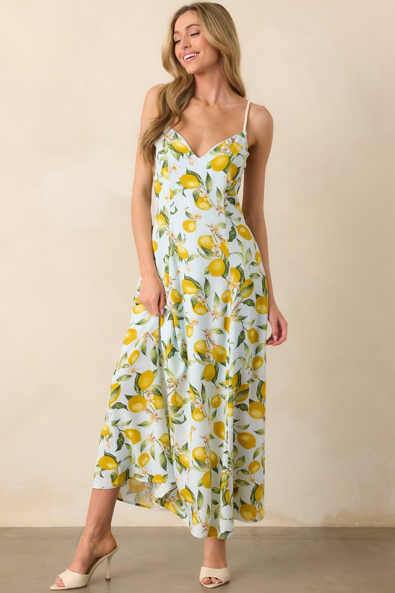 In The Shade Light Blue Lemon Print Cross Back Maxi Dress Product Image