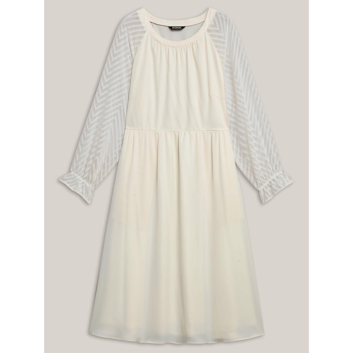 Plus Size Stretchy-Waist Pockets Plain Textured Midi Dress Beige Women Elegant Texture Round Neck Long Sleeve Curvy BloomChic 28/5X Product Image