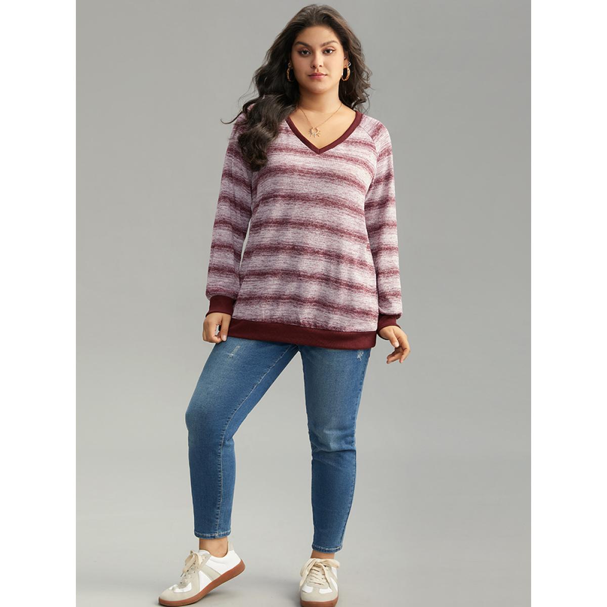 Plus Size Striped Ombre Rib Knit Elastic Cuffs Sweatshirt Women Burgundy Casual Rib Knit V-neck Dailywear Sweatshirts BloomChic 28/5X Product Image