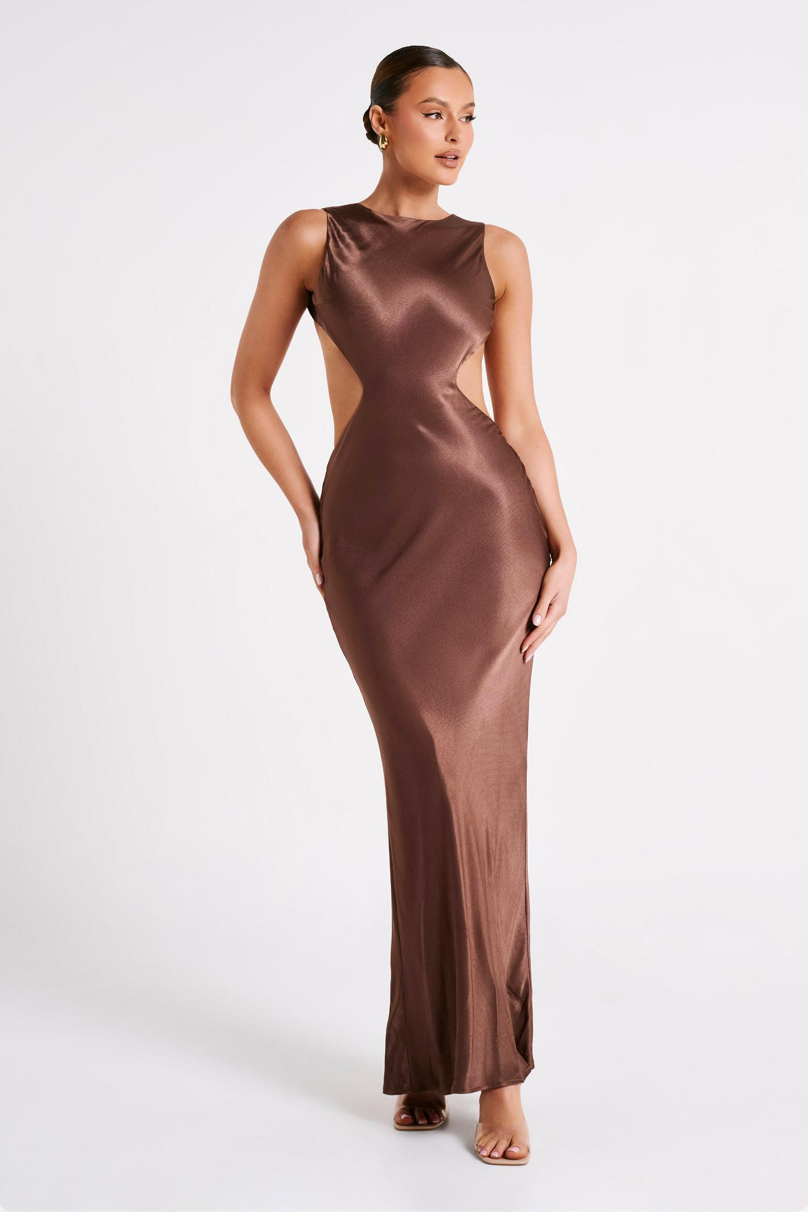 Electra Satin Cut Out Maxi Dress - Mocha Product Image