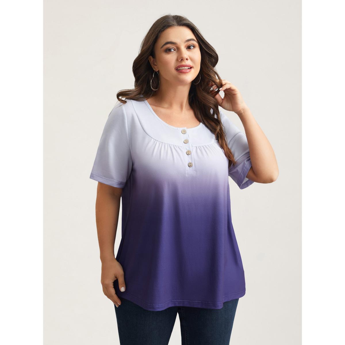 Plus Size Gradient Pleated Button-Front T-Shirt Deeppurple Women Casual Gathered Round Neck Everyday T-shirts BloomChic 14-16/1X Product Image