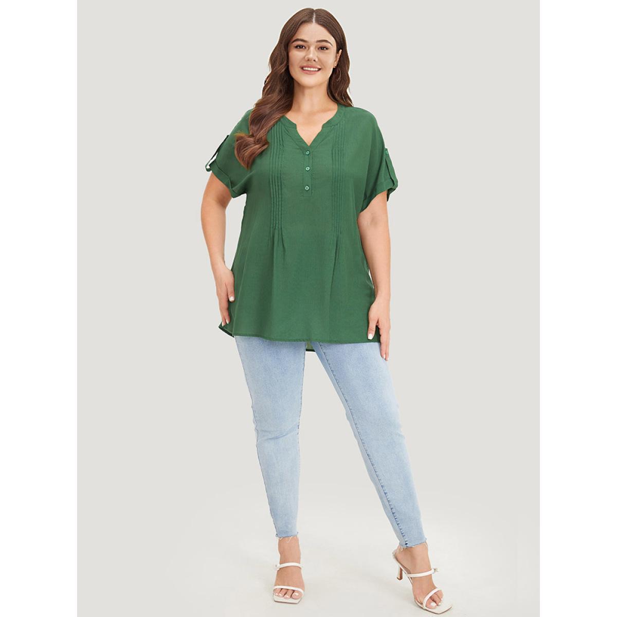 Plus Size ArmyGreen Solid Cuffed Sleeve Pleated Notched Blouse Women Elegant Short sleeve Notched collar Dailywear Blouses BloomChic 14-16/1X Product Image