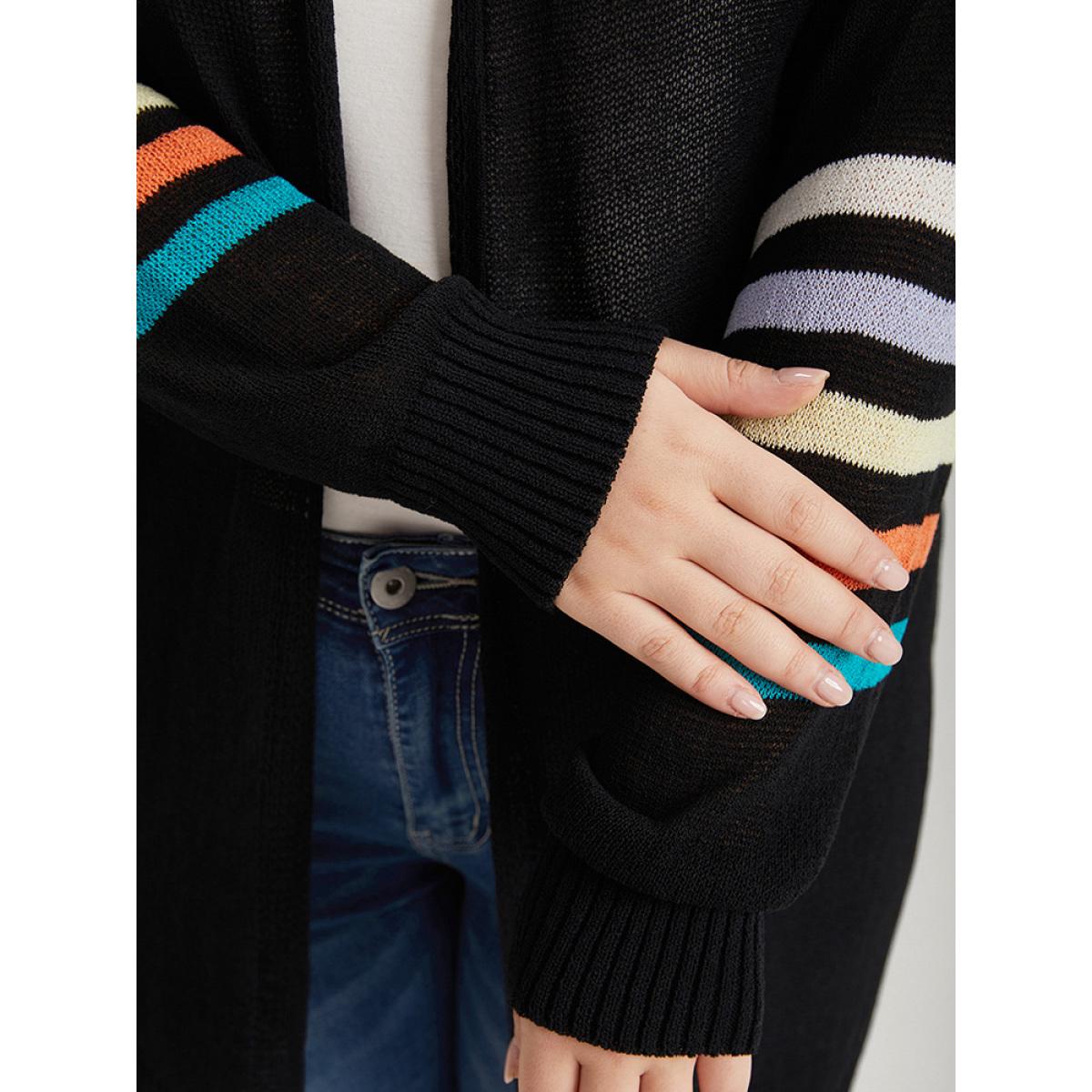 Plus Size Rainbow Striped Open Front Drop Shoulder Cardigan Black Women Casual Loose Long Sleeve Dailywear Cardigans BloomChic 12/L Product Image