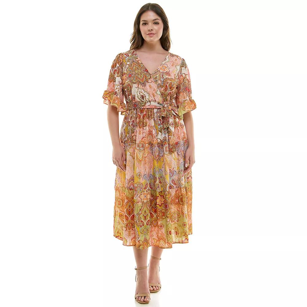 Plus Size Figueroa & Flower Printed V-Neck Tiered Maxi Dress, Women's, Size: 1XL, Ivory Pink Product Image