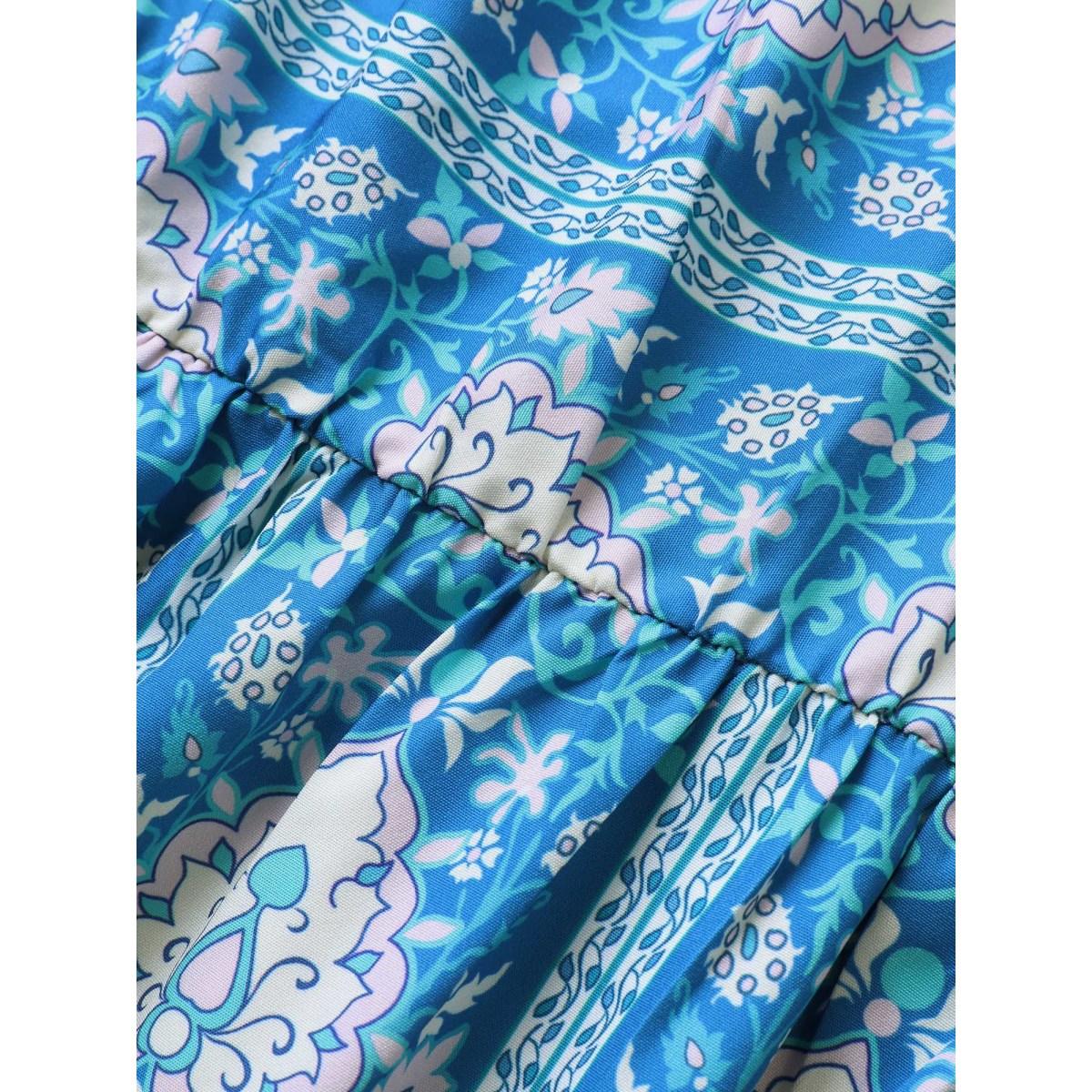 Plus Size Boho Print Tie Knot Pompom Trim Dress Cerulean Women Resort Woven ribbon&lace trim One-shoulder neck Sleeveless Curvy BloomChic 14-16/1X Product Image