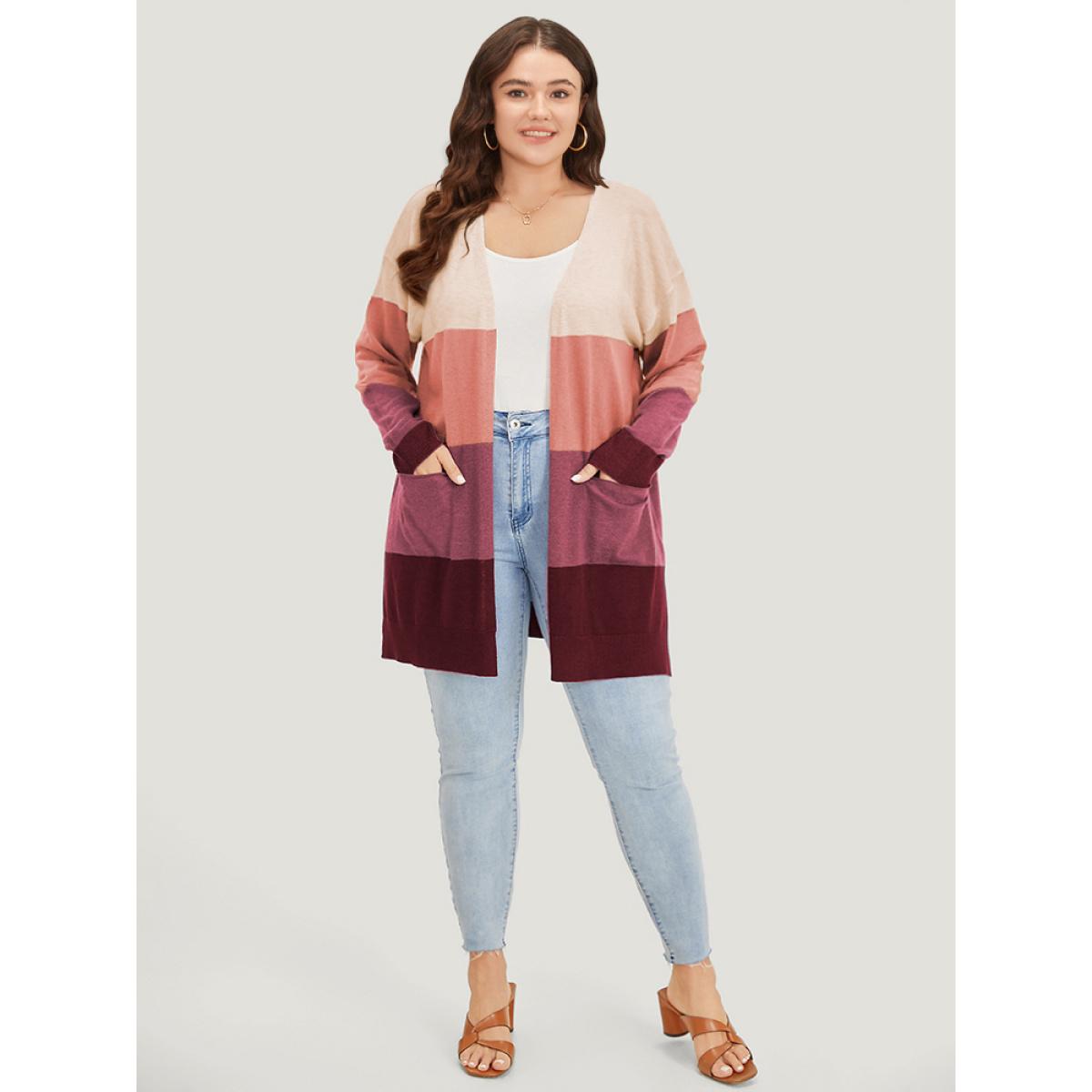 Plus Size Supersoft Essentials Colorblock Contrast Pocket Split Side Cardigan RedViolet Women Casual Loose Long Sleeve Everyday Cardigans BloomChic 12/L Product Image