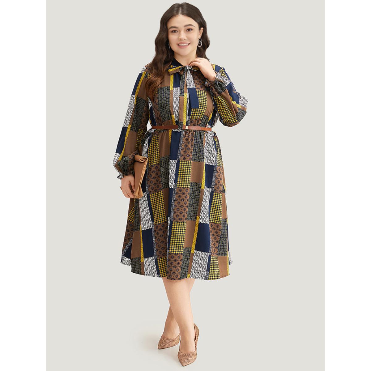 Plus Size Colorblock Patchwork Lantern Sleeve Knot Dress Multicolor Women Office Cross straps Tie Neck Long Sleeve Curvy Midi Dress BloomChic 12/L Product Image