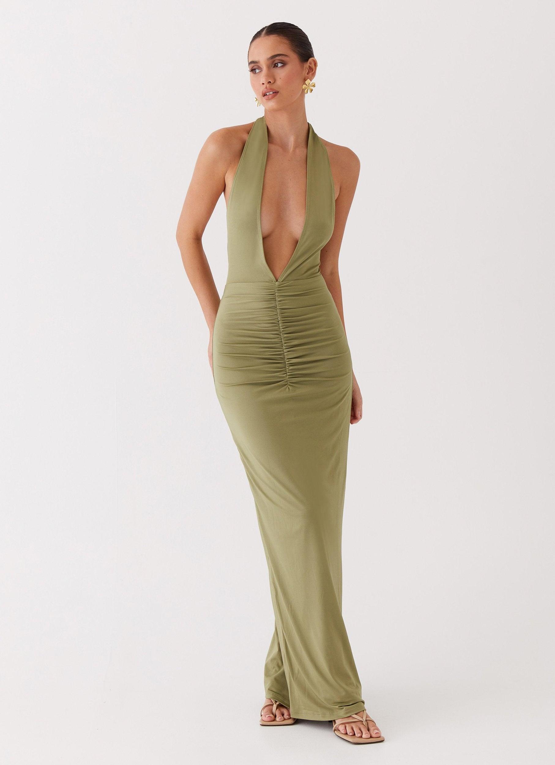 Whisked Away Halterneck Maxi Dress - Olive Product Image
