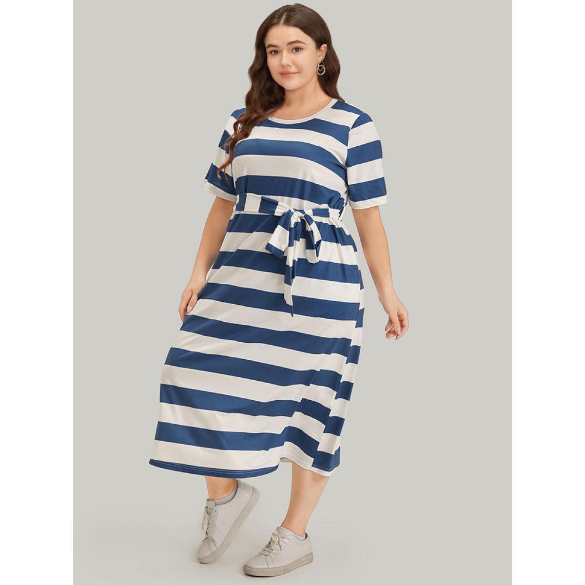 Plus Size Striped Ties Pocket Crew Neck Dress Cerulean Women Casual Belted Round Neck Short sleeve Curvy Midi Dress BloomChic 26/4X Product Image