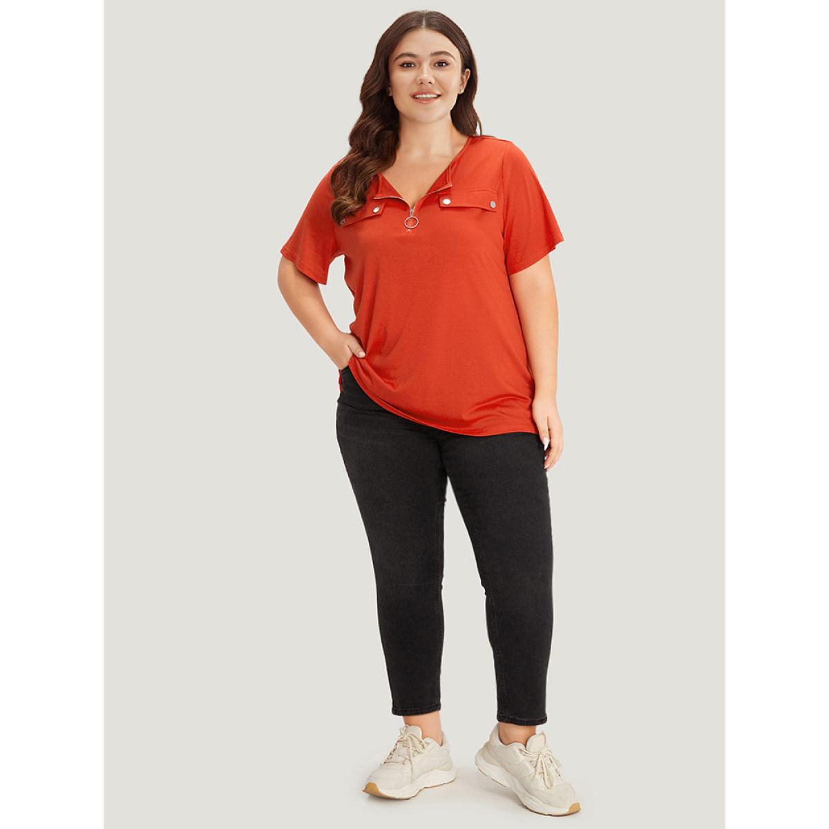 Plus Size plain Ring Zipper Patchwork T-shirt OrangeRed Women Casual Zipper Plain Open Front Dailywear T-shirts BloomChic 12/L Product Image