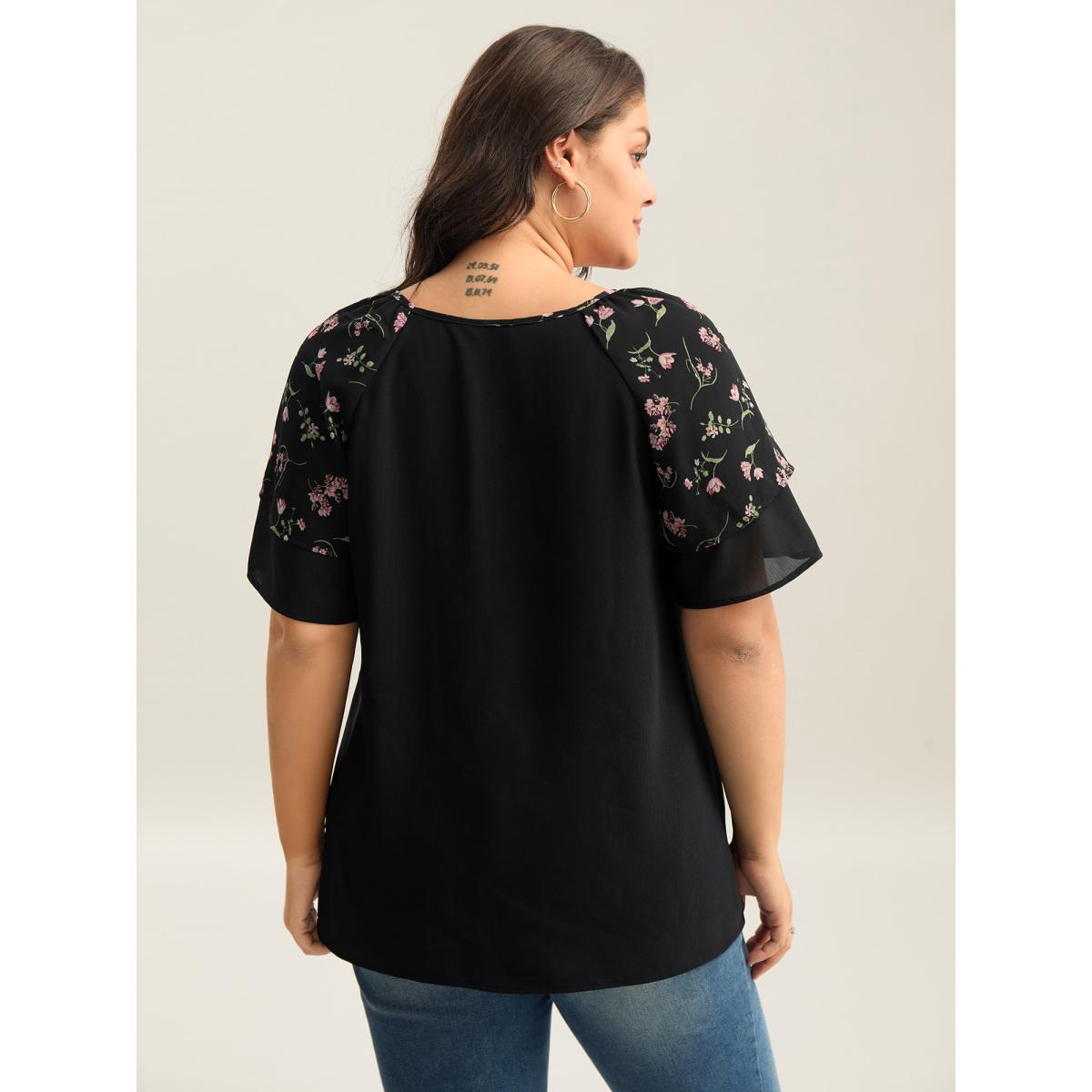 Plus Size Black Floral Layered Sleeve Solid Blouse Women Leisure Short sleeve V-neck Casual Blouses BloomChic 22-24/3X Product Image