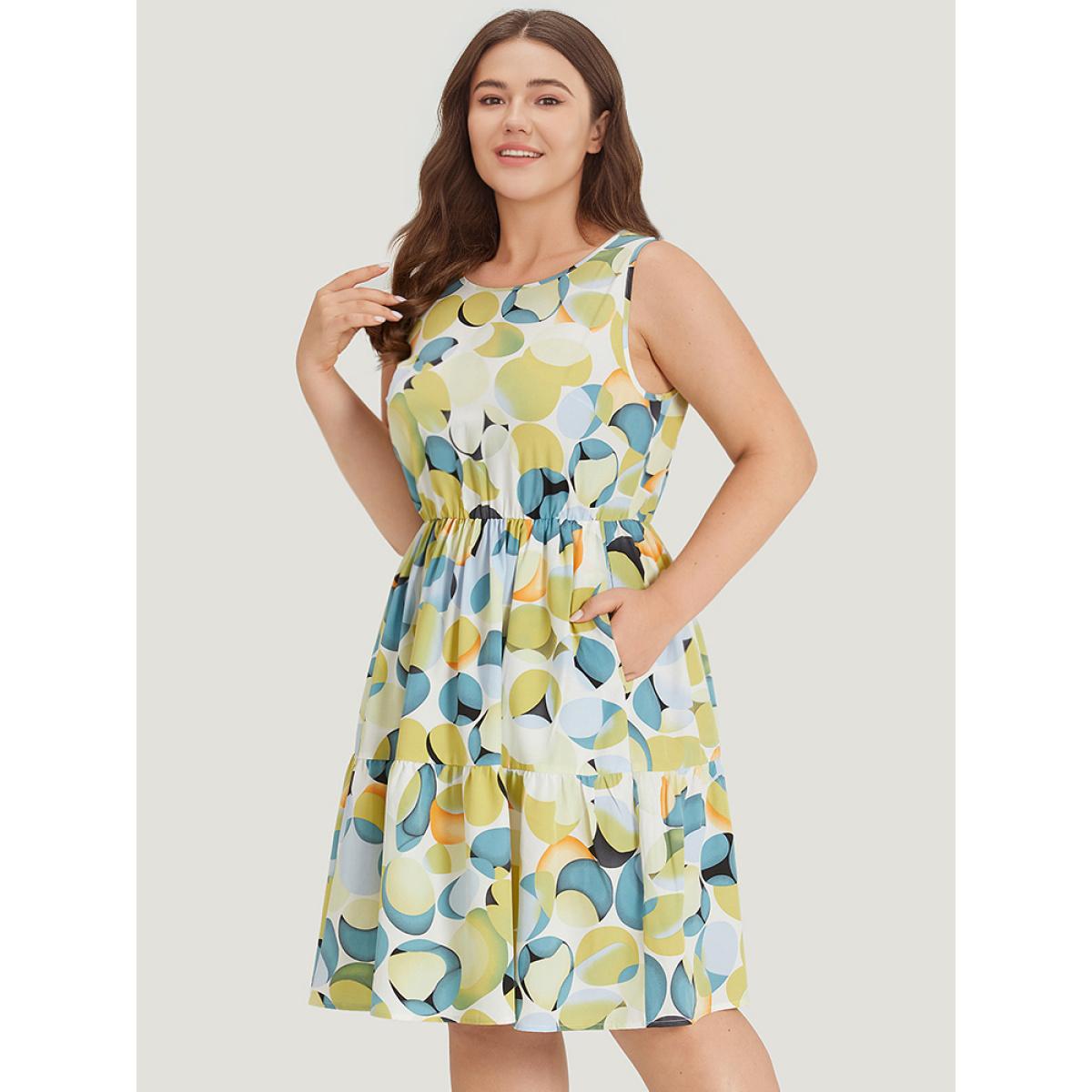 Plus Size Geometric Print Pocket Ruffle Layered Hem Sleeveless Dress YellowGreen Women Elegant Lined Round Neck Sleeveless Curvy Knee Dress BloomChic 14-16/1X Product Image