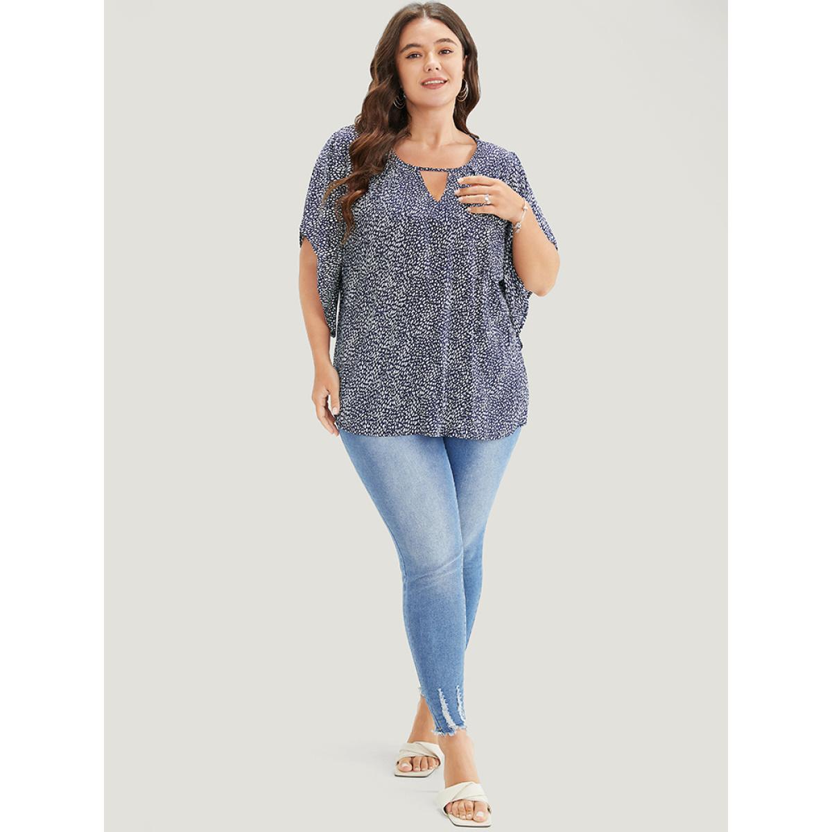 Plus Size Indigo Polka Dot Ruffle Sleeve Keyhole Neck Blouse Women Elegant Short sleeve Round Neck Dailywear Blouses BloomChic 14-16/1X Product Image