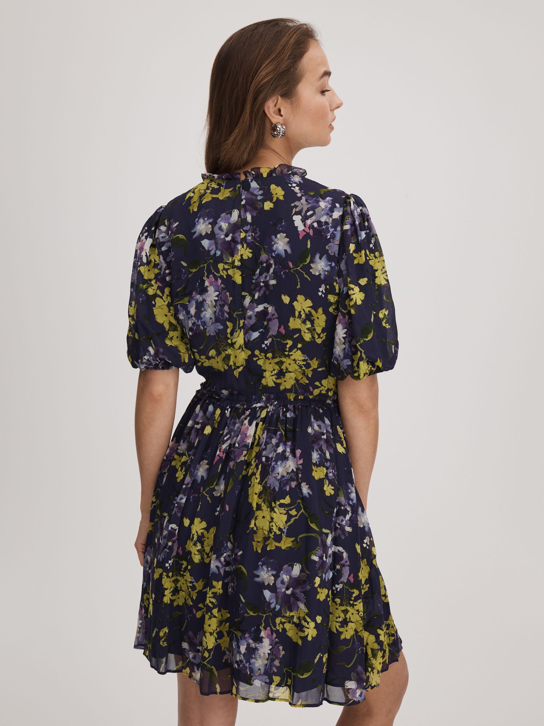 Florere Printed Puff Sleeve Mini Dress in Dark Purple Product Image